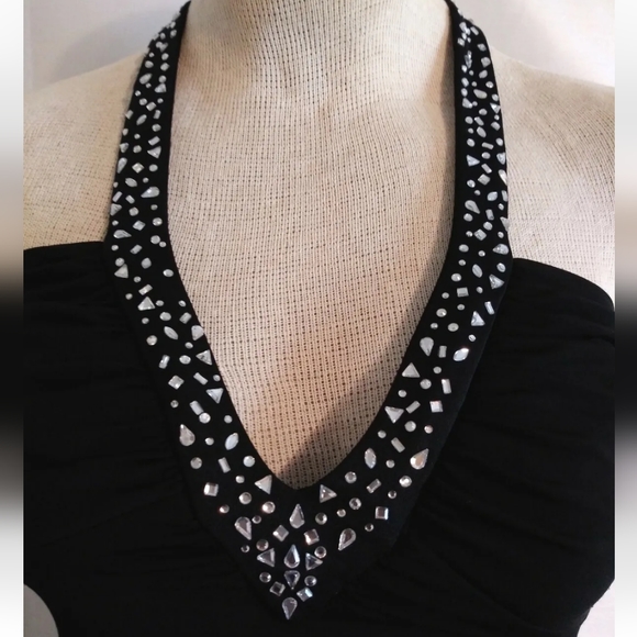 Betsy and Adam by Linda Bernell Black Halter Dress Rhinestone Embellished Formal - Picture 4 of 12